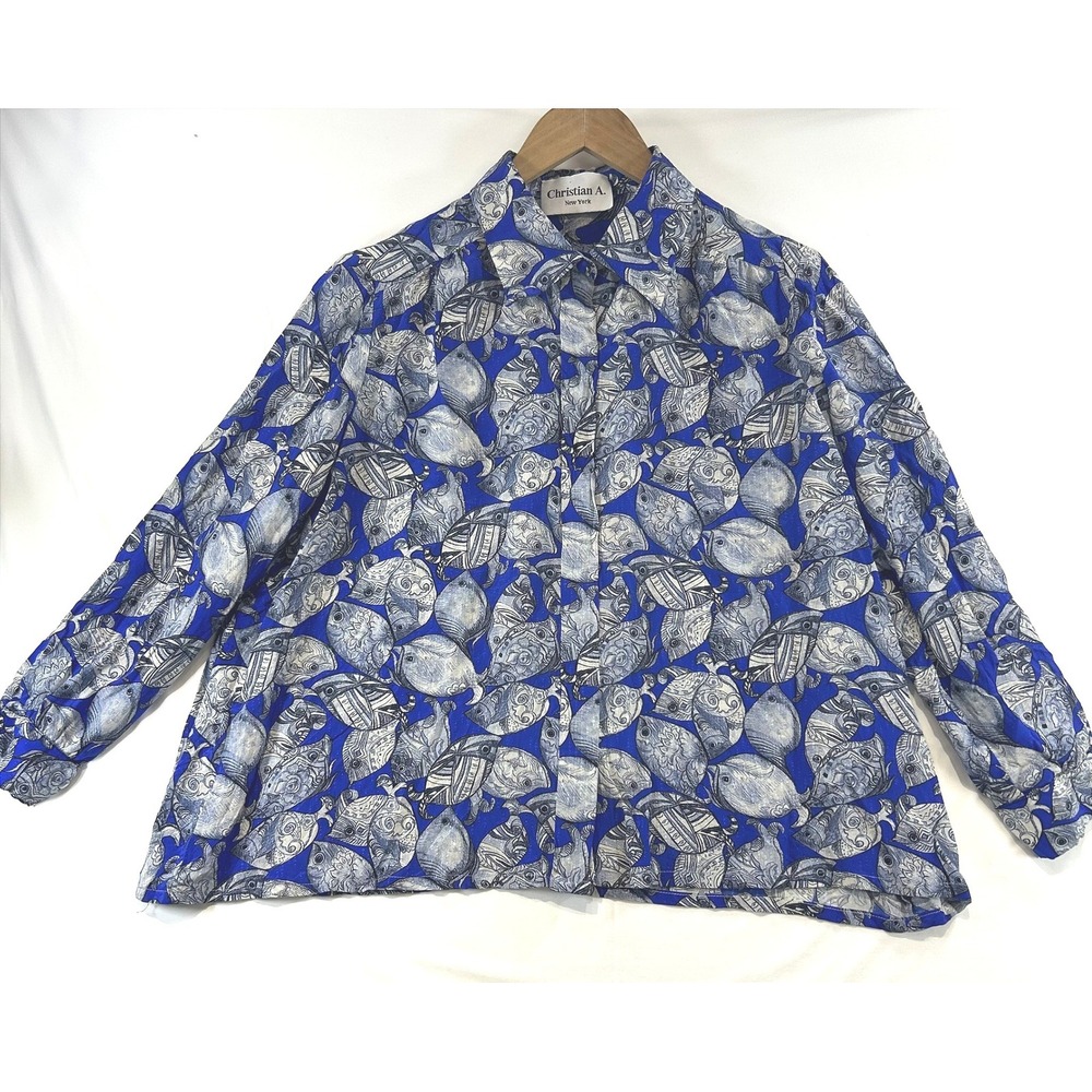 Mediterranean Vacation Fish Print Button Down Shirt XL Blue Coastal Grandma Art